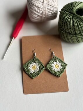 Hand Crafted Green and White Daisy Crochet Earrings - Women Jewelry